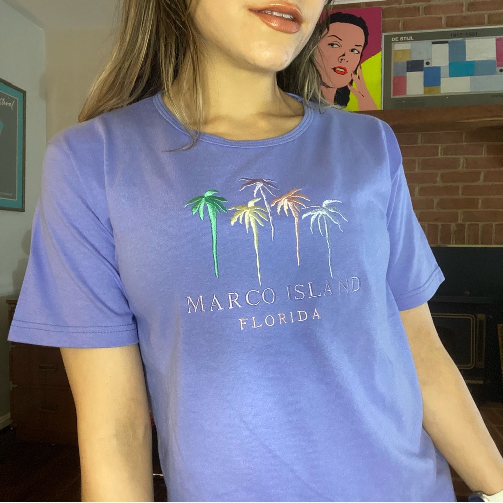 Vintage Y2K 90s Marco Island Florida Embroidered Rainbow Palms Scoop Nec…
